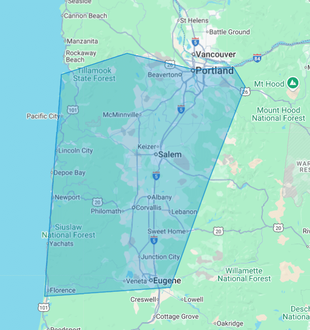 Elevated Air HVAC Service Area Map - Silverton OR